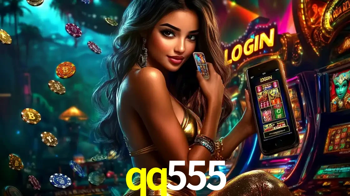 Mulher em um cenário de cassino temático de aventura, mostrando o app de caça-níqueis da qq555 no celular. Fichas de apostas flutuam ao redor.