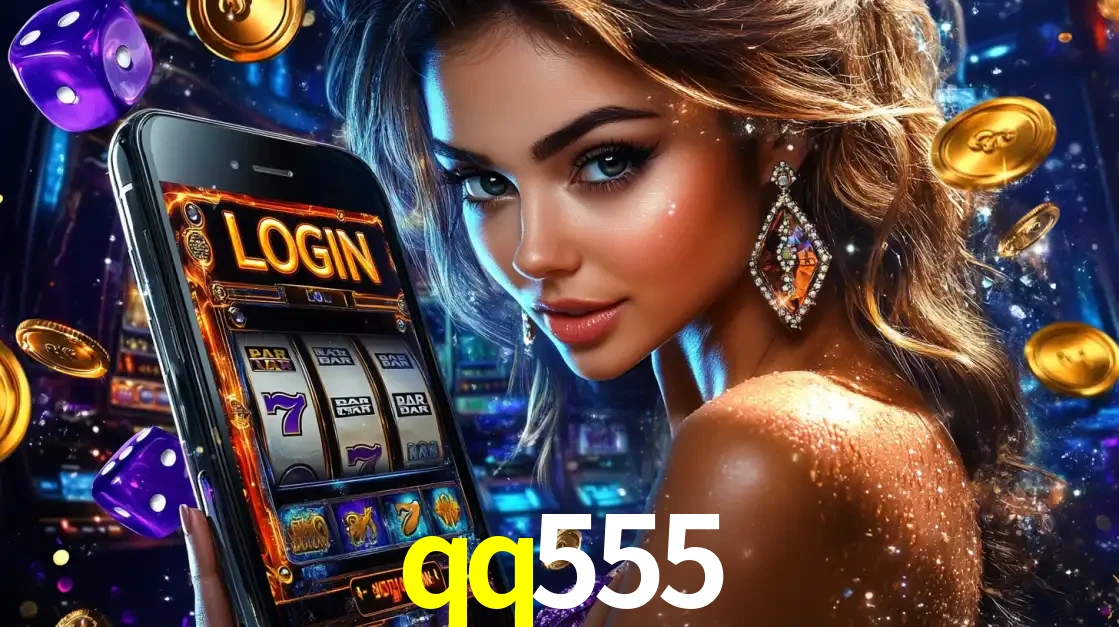 Mulher glamorosa segurando um smartphone com a tela de login para os jogos de caça-níqueis do cassino online qq555, com moedas de ouro e dados ao redor.